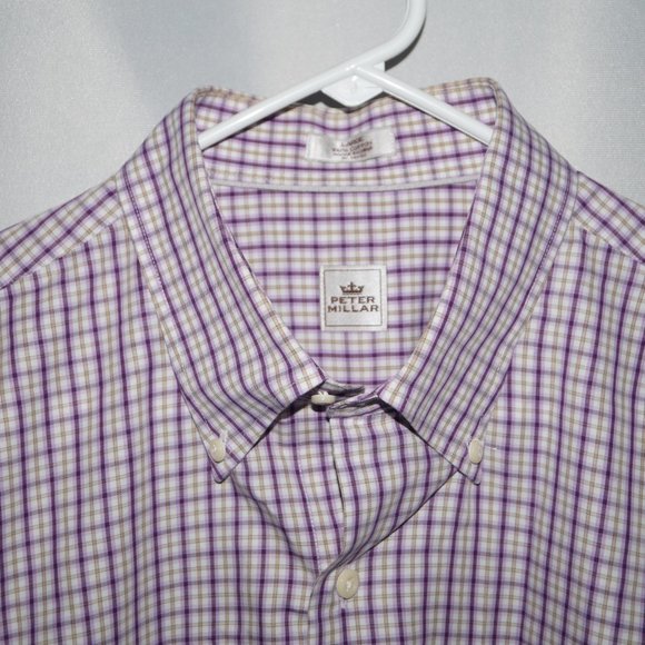 Peter Millar Checked Golf Dress Shirt Casual Men's Large Purple White Cotton EUC - Picture 4 of 7
